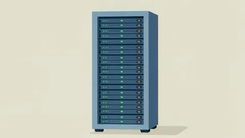 A server rack with blinking status lights