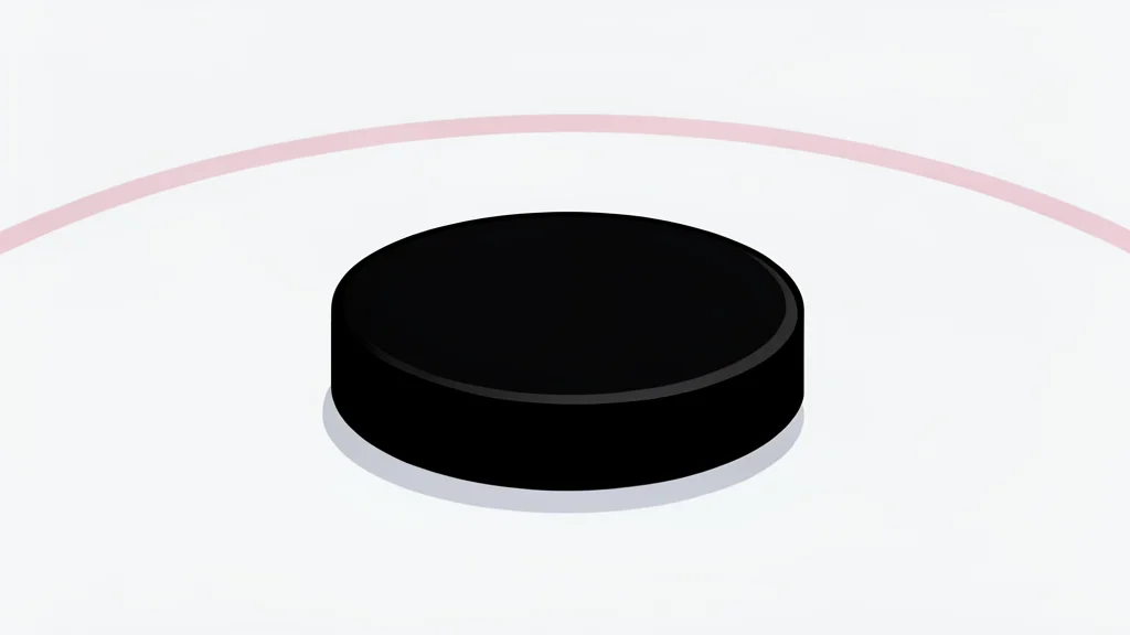 An ice hockey rink with a goal net and a puck resting on the ice surface