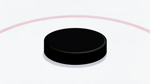 An ice hockey rink with a goal net and a puck resting on the ice surface