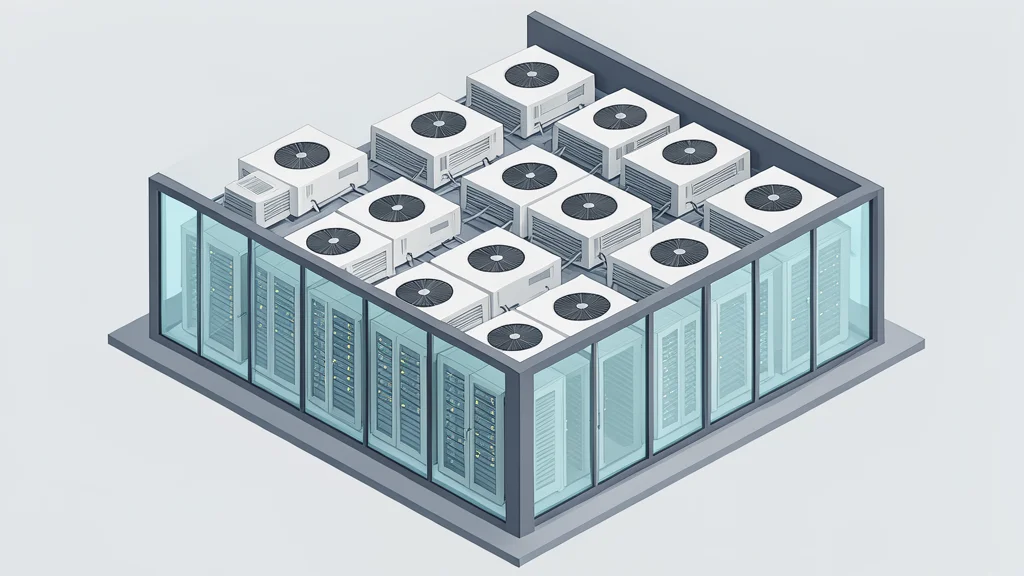 A modern data center facility exterior with rows of cooling units and server racks visible through glass walls