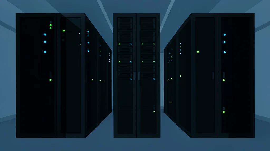 Rows of black server racks with blinking status lights in a dimly lit data center aisle
