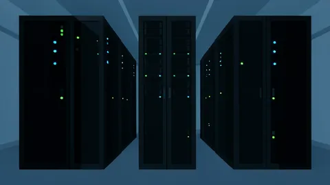 Rows of black server racks with blinking status lights in a dimly lit data center aisle