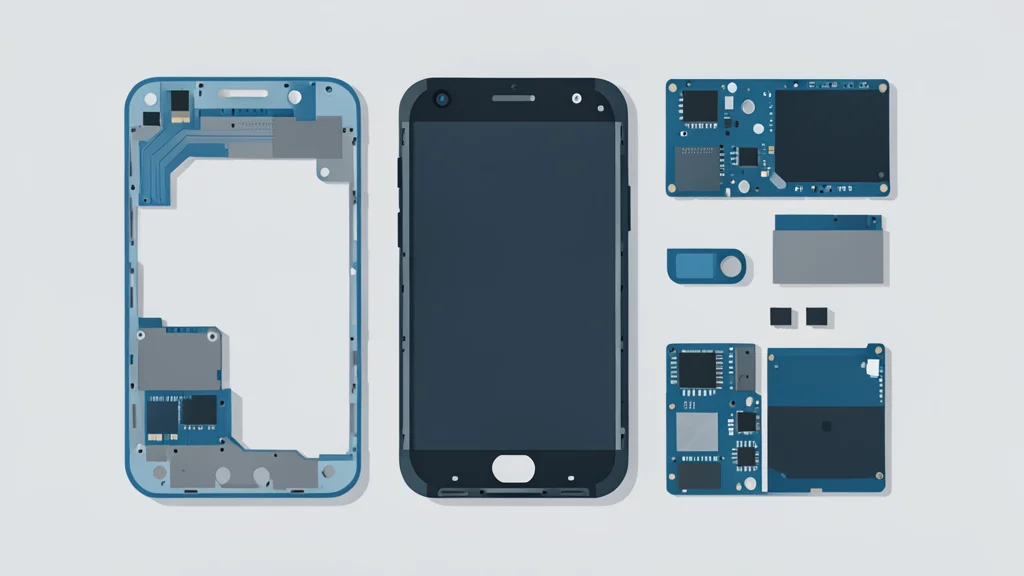 A flat-vector illustration of a smartphone chassis and internal circuit board components on a workbench
