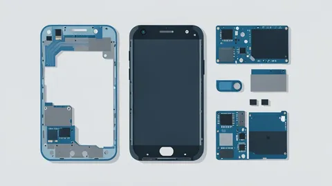 A flat-vector illustration of a smartphone chassis and internal circuit board components on a workbench