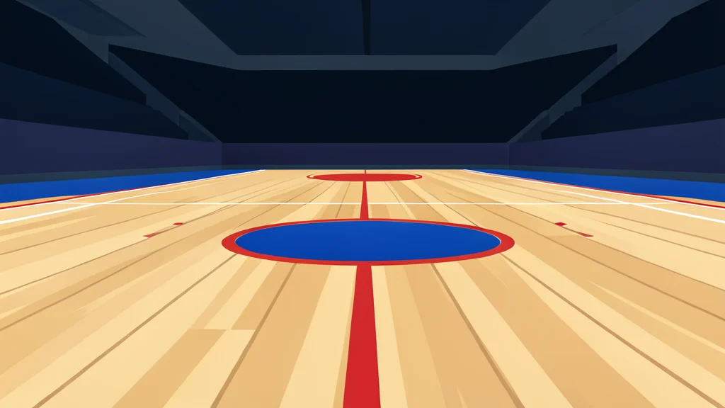 A flat-vector illustration of an empty indoor basketball court with a center circle and painted lines.