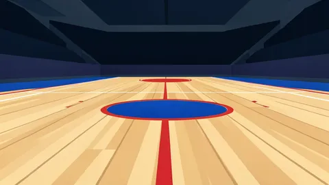 A flat-vector illustration of an empty indoor basketball court with a center circle and painted lines.