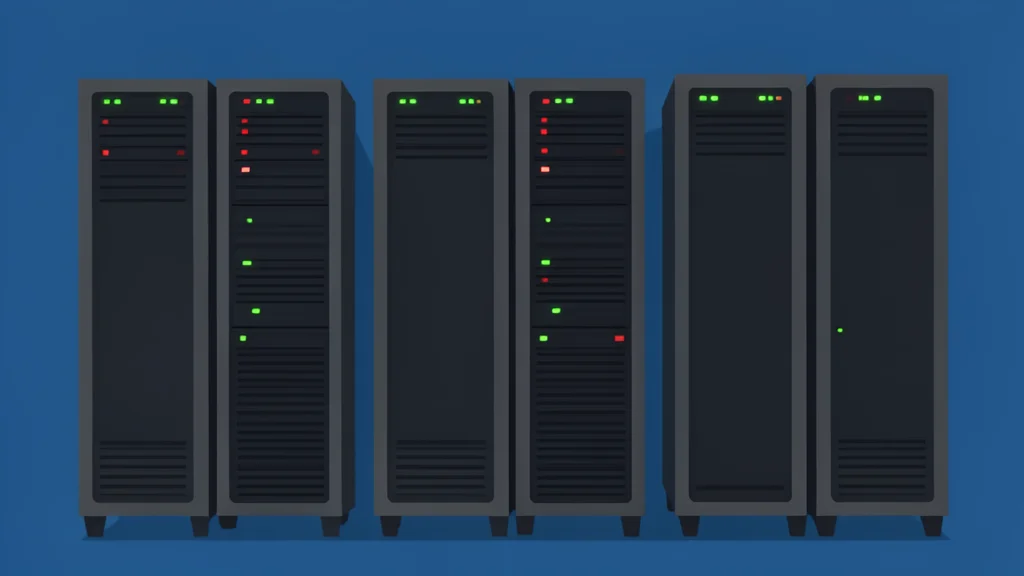 A row of industrial server racks with blinking status lights in a dimly lit data center.