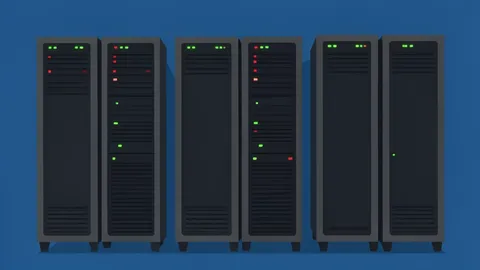 A row of industrial server racks with blinking status lights in a dimly lit data center.