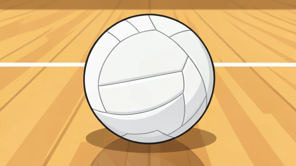 A white volleyball resting on a polished indoor court floor