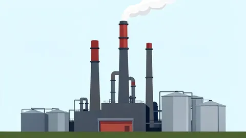A flat-vector illustration of an industrial oil refinery with tall smokestacks and large storage tanks.