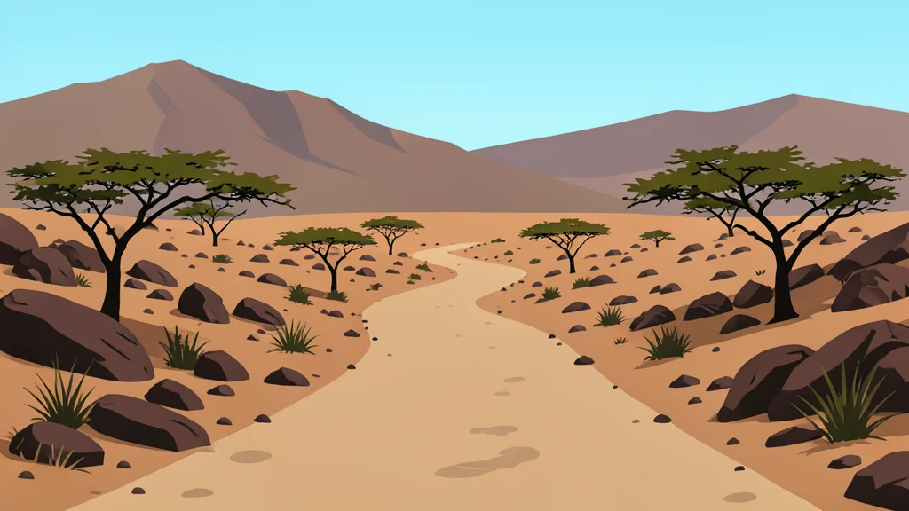 A dusty, unpaved road winding through a dry, rocky highland landscape with sparse acacia trees and distant mountain ridges.