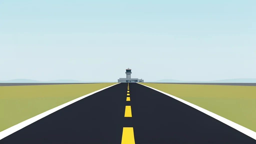 A paved airport runway stretching into a hazy horizon with a control tower in the distance