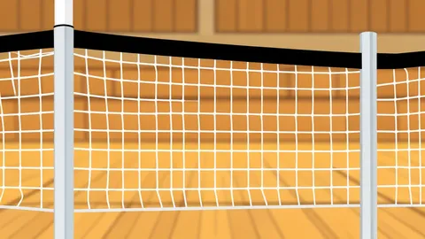 A white volleyball resting on a polished wooden gymnasium floor
