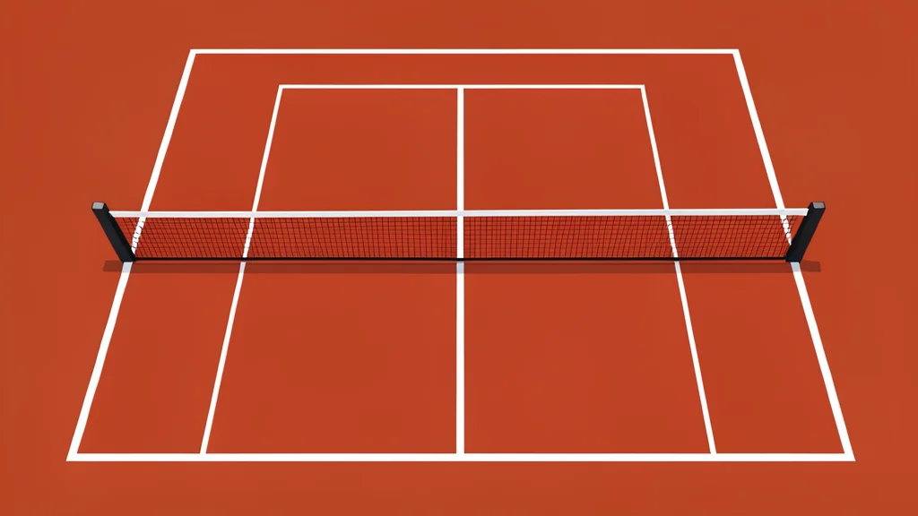 A red clay tennis court with white boundary lines and a net stretched across the center