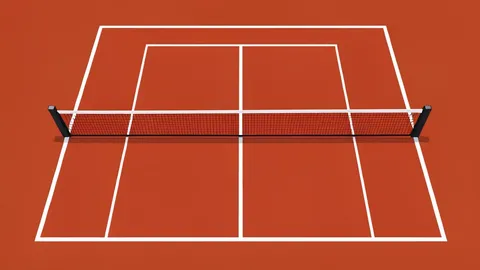 A red clay tennis court with white boundary lines and a net stretched across the center