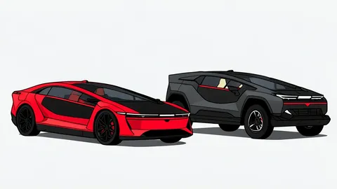 A flat-vector illustration of a futuristic silver electric sedan with gullwing doors open against a simple background.
