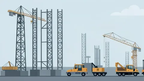 A flat vector illustration of a large industrial construction site featuring steel frameworks and heavy machinery.