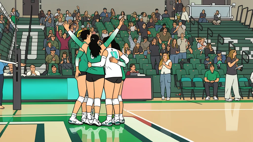 A wooden volleyball net stretched across a gymnasium floor