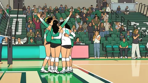 A wooden volleyball net stretched across a gymnasium floor