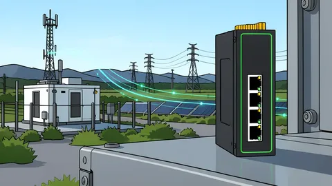 An industrial-grade network router with multiple ports and antennas mounted on a metal rack in a server room