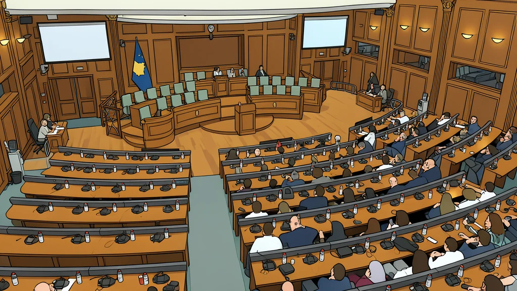 A modern parliamentary chamber with rows of empty wooden desks and a central podium