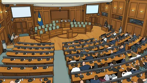 A modern parliamentary chamber with rows of empty wooden desks and a central podium