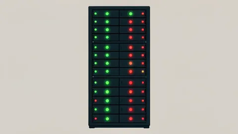 A server rack with blinking status lights