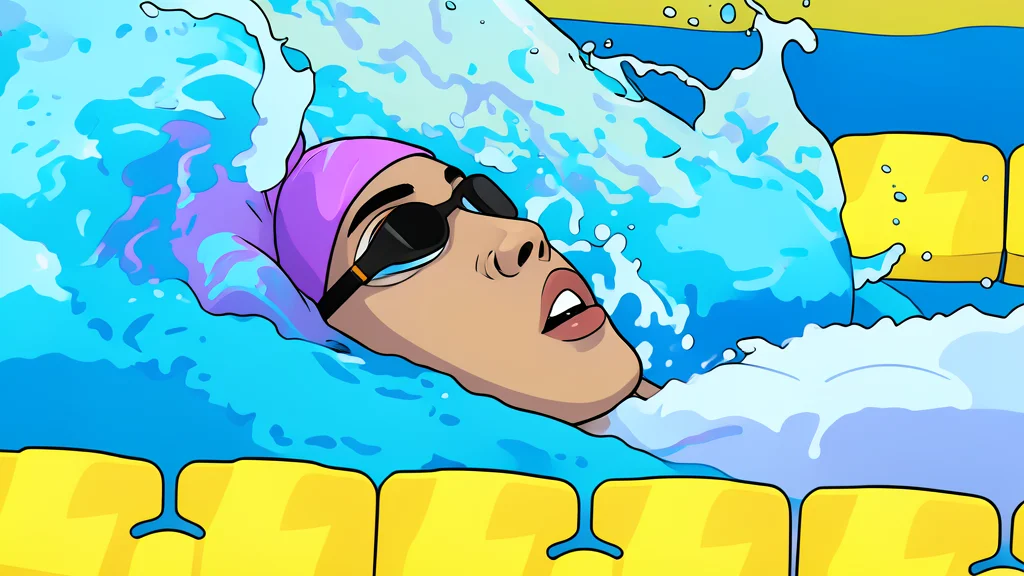A competitive swimming pool with blue water and lane ropes