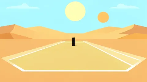 A cricket pitch with a wicket at one end, surrounded by dry, sandy desert terrain under a bright sun.