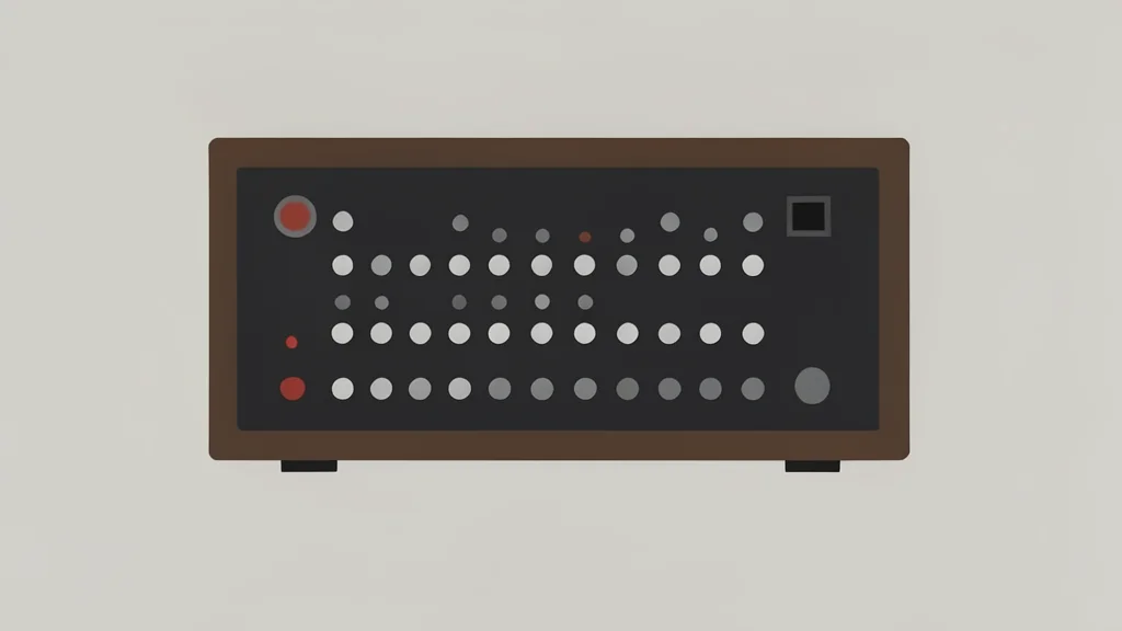 A vintage rack-mounted synthesizer with a grid of small knobs and a dark front panel