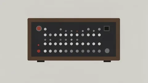 A vintage rack-mounted synthesizer with a grid of small knobs and a dark front panel