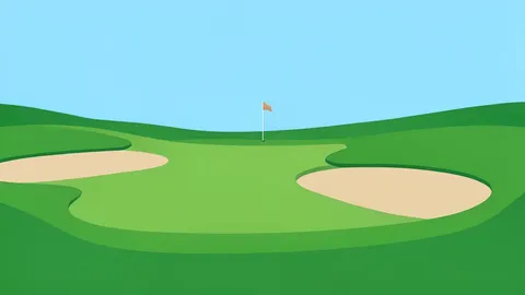 A manicured golf course fairway with sand bunkers and a distant flagstick
