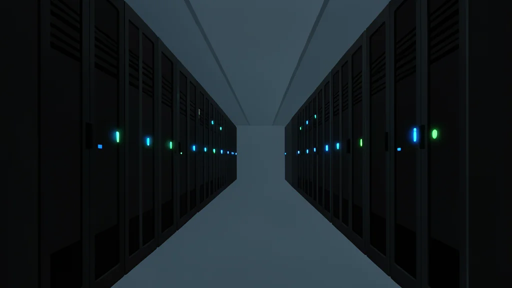 Rows of black server racks with blinking status lights in a dimly lit data center aisle