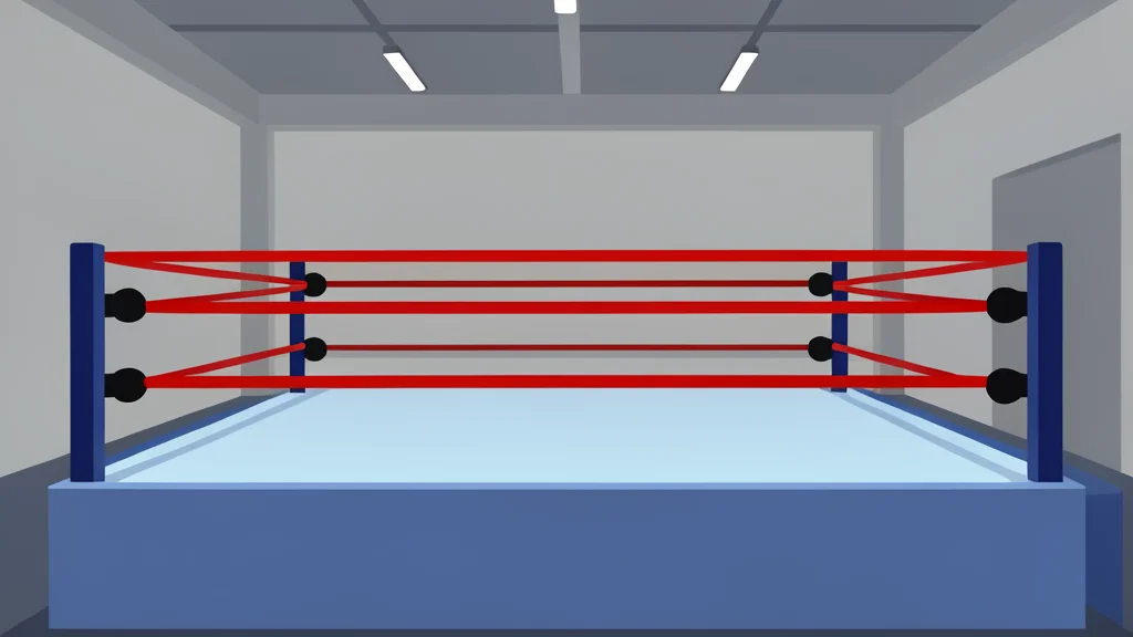 A professional wrestling ring with red ropes and turnbuckles in an indoor arena