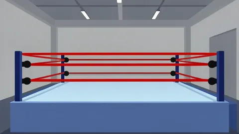 A professional wrestling ring with red ropes and turnbuckles in an indoor arena