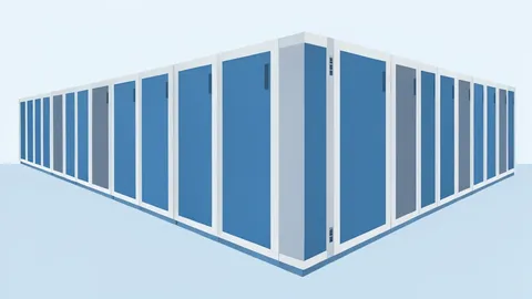 A flat vector illustration of rows of server racks in a data center, depicted in a minimalist style with soft blue and grey tones.