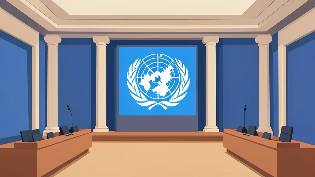 A wide view of the United Nations General Assembly hall with rows of empty seats and a central podium.