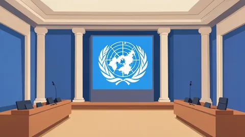 A wide view of the United Nations General Assembly hall with rows of empty seats and a central podium.