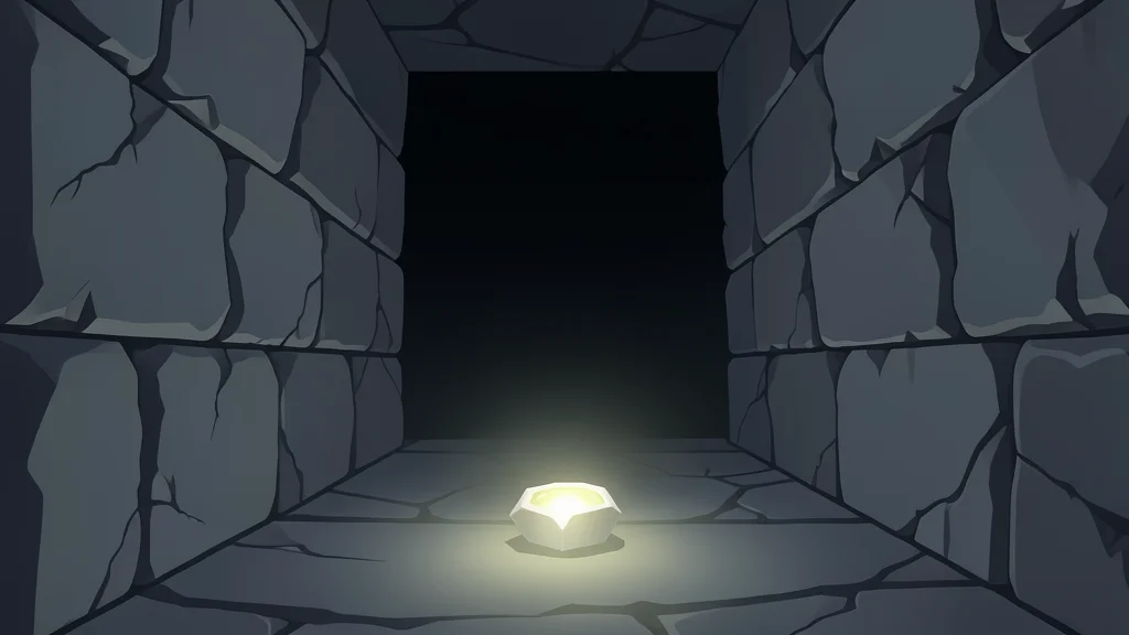A dark, retro-style dungeon corridor with crumbling stone walls and a glowing artifact on the floor