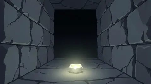 A dark, retro-style dungeon corridor with crumbling stone walls and a glowing artifact on the floor
