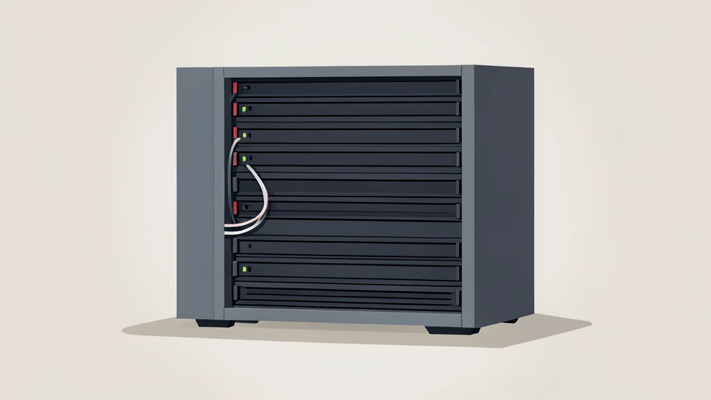 A tall server rack standing in a dimly lit data center room.