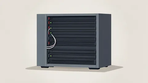A tall server rack standing in a dimly lit data center room.