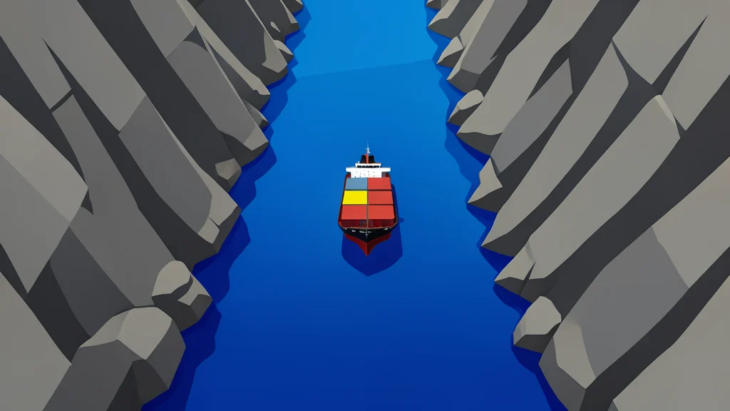 A narrow, rocky strait with deep blue water and a single cargo ship navigating through the channel