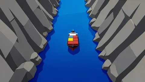 A narrow, rocky strait with deep blue water and a single cargo ship navigating through the channel