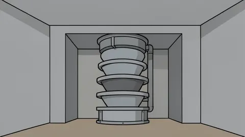 A large industrial centrifuge cascade inside a concrete bunker