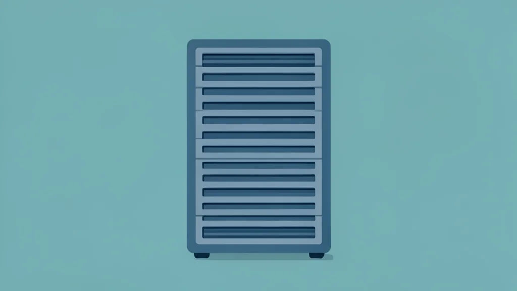 A stylized vector illustration of a server rack in a data center with blue and grey tones.