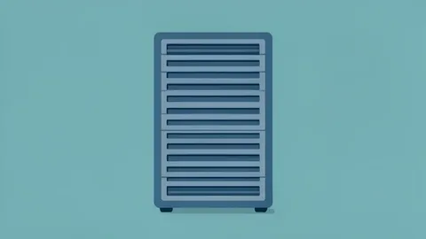 A stylized vector illustration of a server rack in a data center with blue and grey tones.