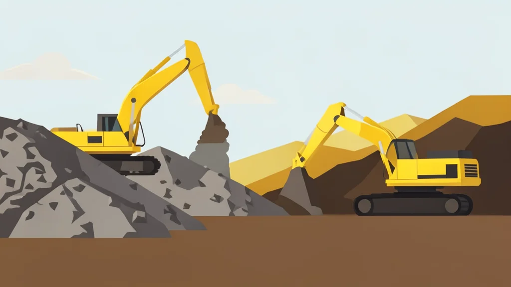 A flat vector illustration of a gold mining site with heavy excavation equipment and piles of raw ore.