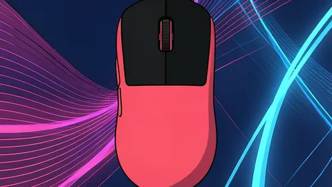 A black and magenta gaming mouse with a textured surface resting on a knitted cloth pad next to a wireless dongle.