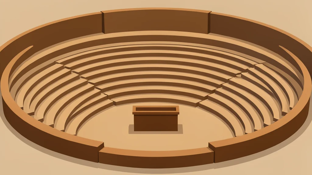 A flat vector illustration of a large circular assembly hall with tiered seating and a central podium.